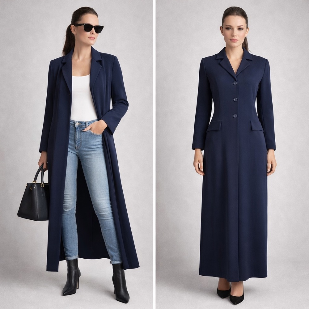 Vintage Navy Long Coat Topcoat Blazer Dress Minimalist Coat Tailored Size EU 38